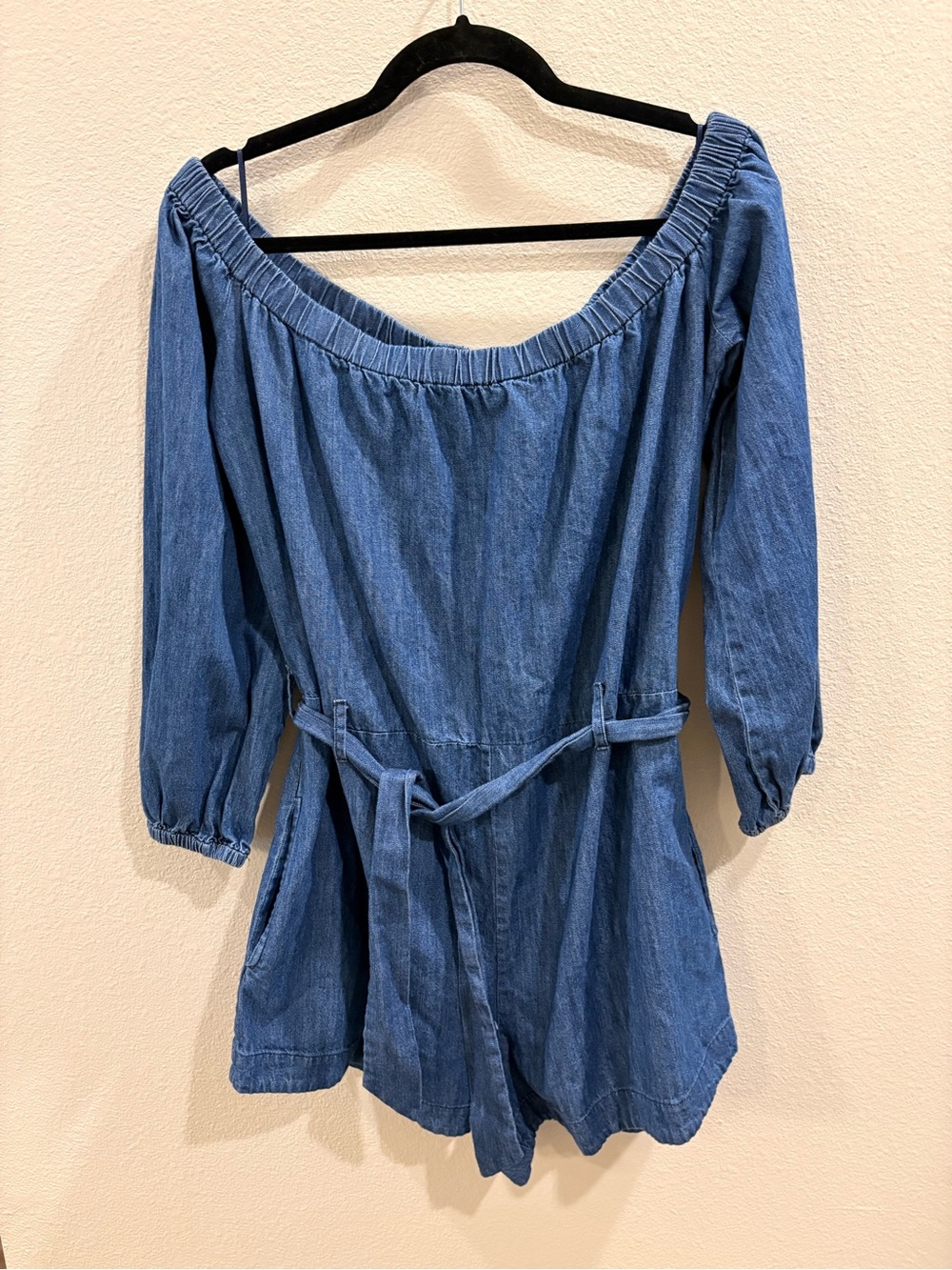 Free People Light Wash Off Shoulder Denim  Short Romper Belted